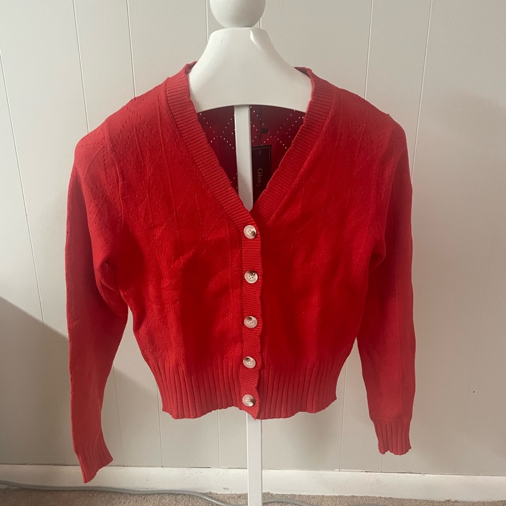 Glory star short red button up cardigan